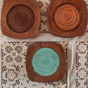 Set of Three Wooden Coasters with Spiral Design